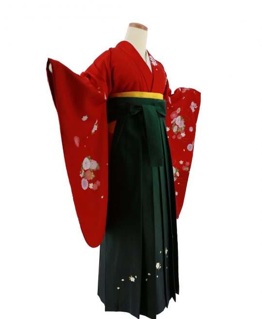 卒業式袴レンタルNo.1[SSサイズ][ガーリー]赤・菊楓の薬玉・花の丸